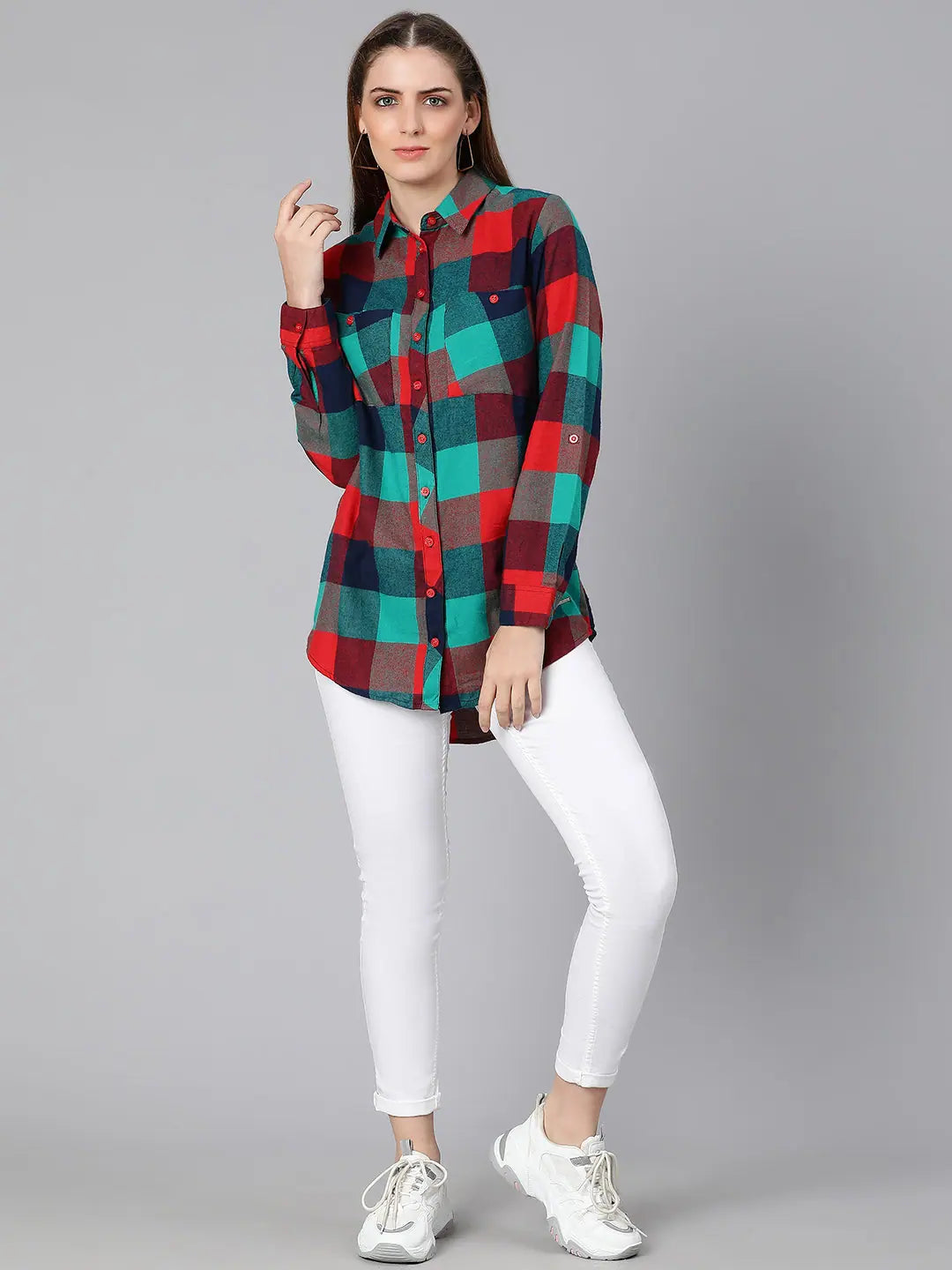 Mellow Brush Check Green Women Shirt-- Mesh Blend Leather Blend Suede Blend