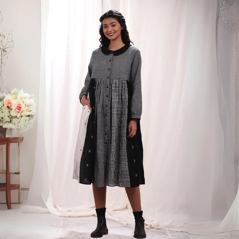 Peter Collar Dress | Relaxed Fit | Breathable Cotton Jamdani | White Black Grey Tunics Prom sequined Peter Collar Dress | Relaxed Fit | Breathable Cotton Jamdani | White Black Grey Tunics Prom sequined