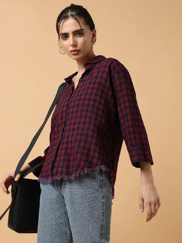 Women Checked Red Slim Fit Shirt-AE-333117-Red-- Zippered Front Buttoned Front Snap Front Women Checked Red Slim Fit Shirt-AE-333117-Red-- Zippered Front Buttoned Front Snap Front