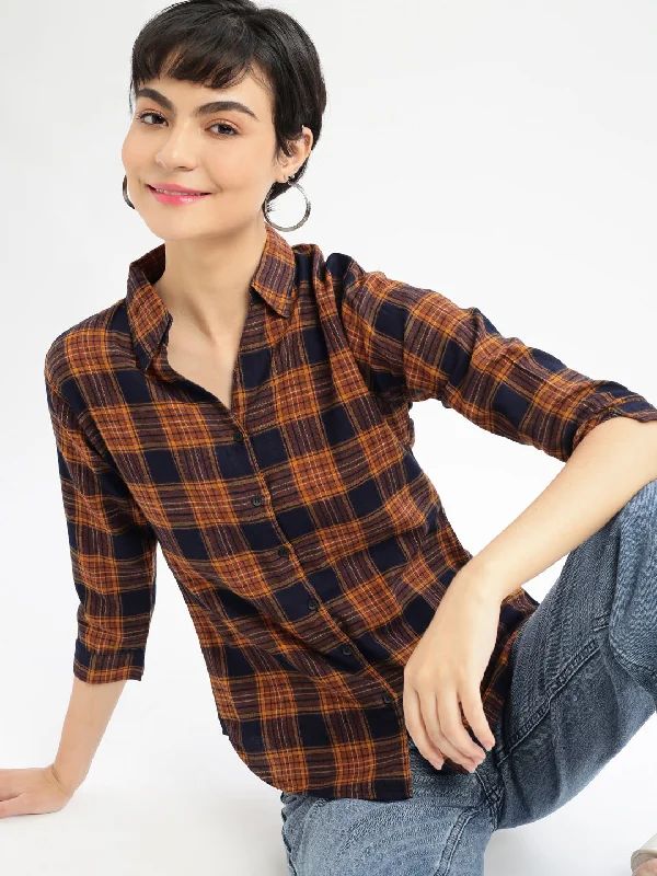 Women Checked Navy Blue Slim Fit Shirt-AE-3159-Navyblue-- Asymmetrical Pockets Print Women Checked Navy Blue Slim Fit Shirt-AE-3159-Navyblue-- Asymmetrical Pockets Print