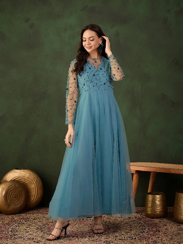 Floral Thread and Sequined Embroidered A-Line Ethnic Dress Cowl Neckline Elegant