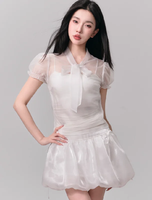 Vanilla Marshmallow Puff Sleeve Shirt/Skirt FRA0151-- Mesh Blend Leather Blend Suede Blend