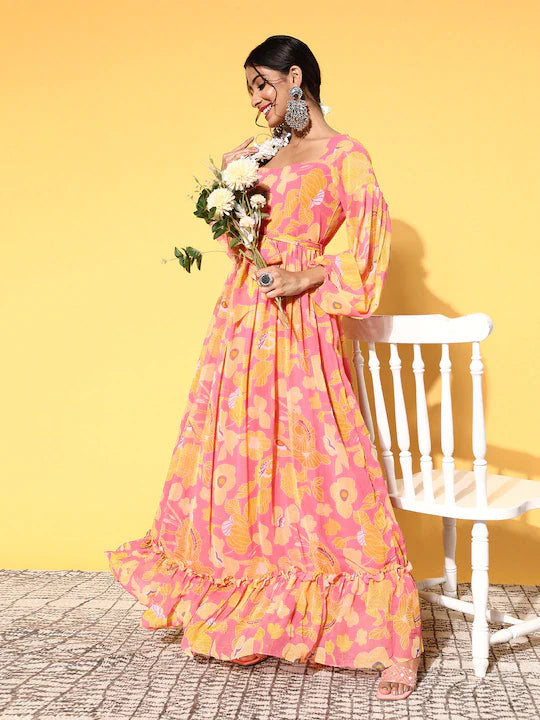 Floral Printed A-Line Maxi Ethnic Dresses Tunics Fashionable chic