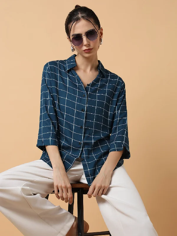 Women Checked Teal Shirt-AE-3165-Teal-- Zippered Front Buttoned Front Snap Front