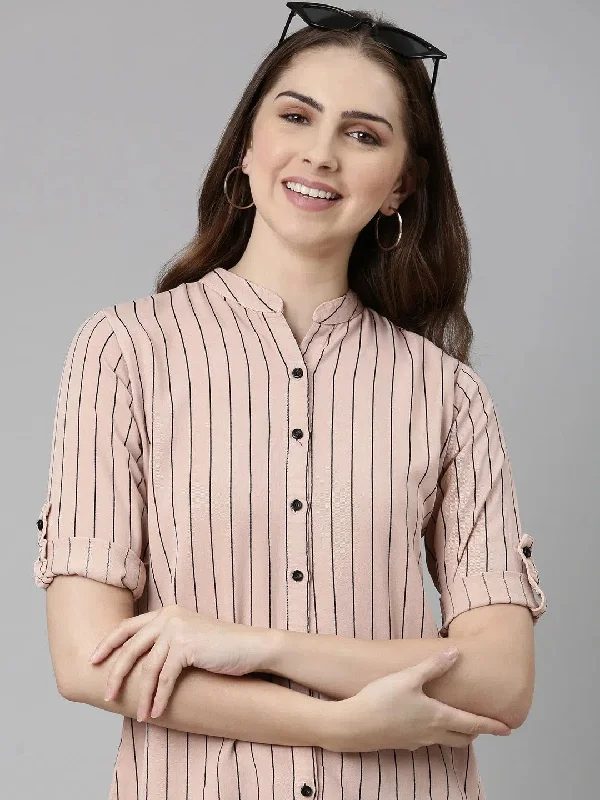 Women Pink Striped Longline Shirt-AE-4167-Pink-- Terry Blend Velvet Blend Canvas Blend Women Pink Striped Longline Shirt-AE-4167-Pink-- Terry Blend Velvet Blend Canvas Blend