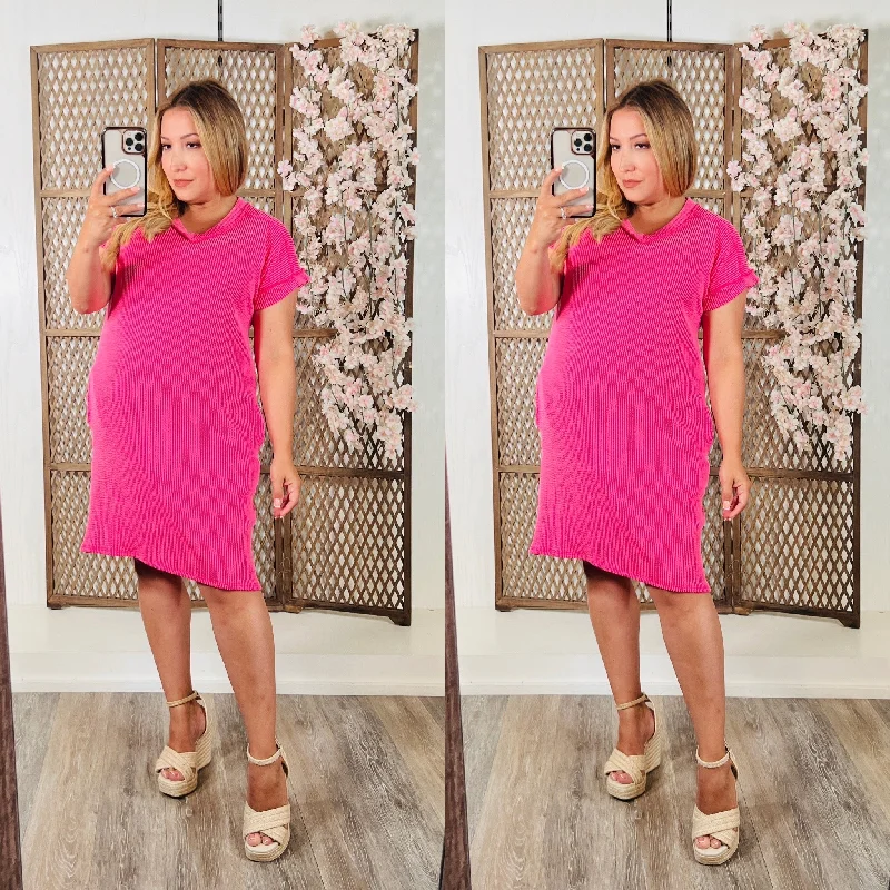 Loose Fit V-Neck Dress: Hot Pink Tunics Denim casual