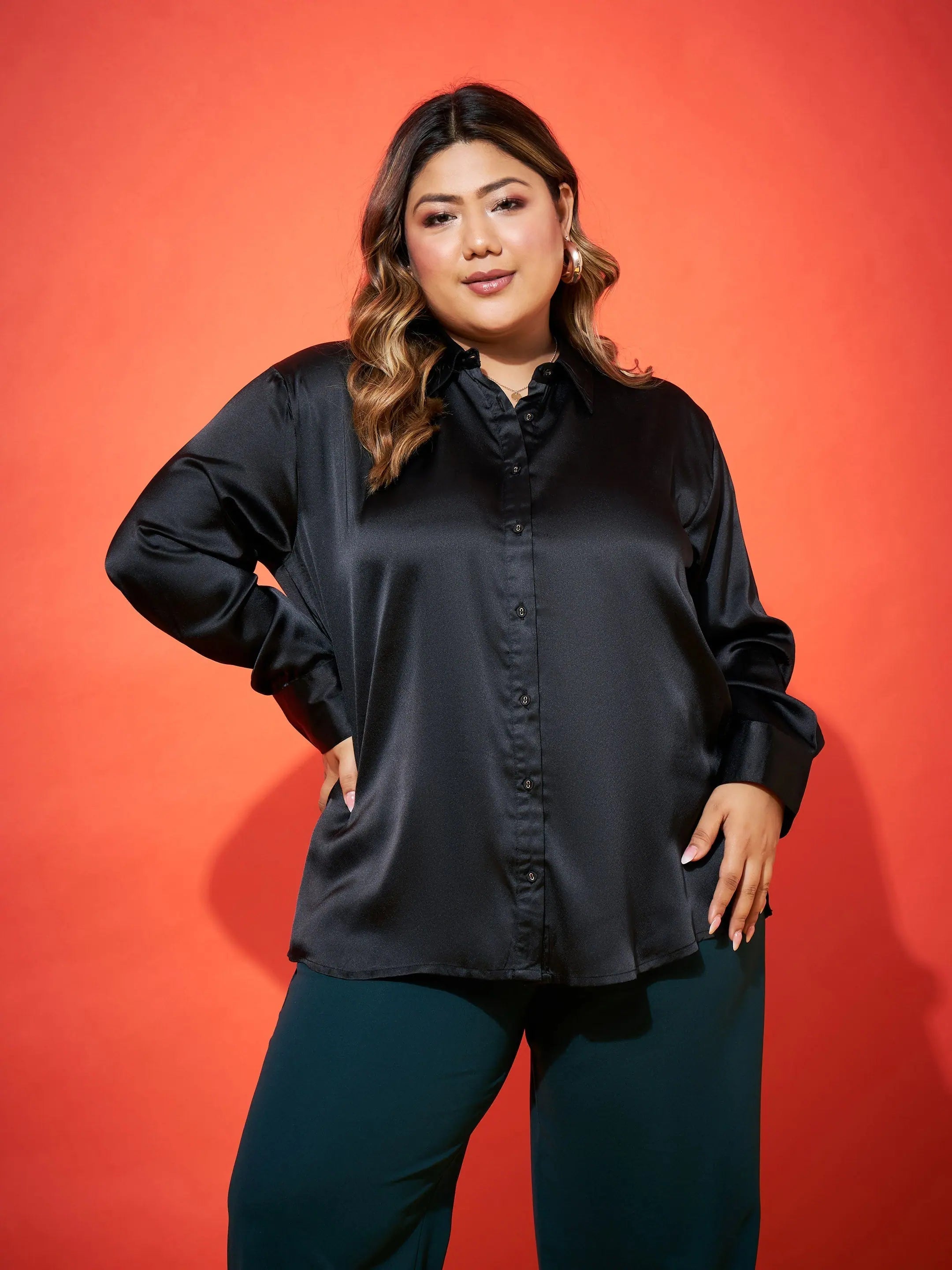 Women Black Regular Satin Shirt-- Zippered Front Buttoned Front Snap Front