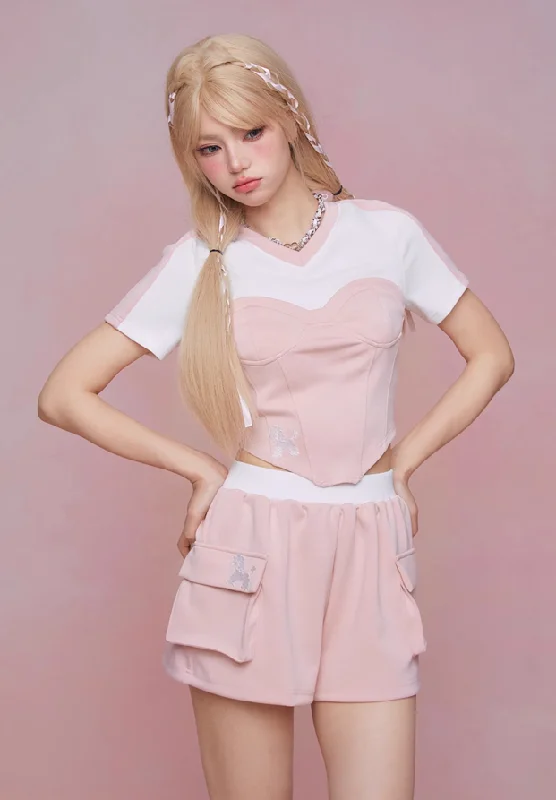 Poodle Embroidery Casual Tube Top Docking T-Shirt & Pocket Shorts GIF0059-- Rayon Velvet Corduroy