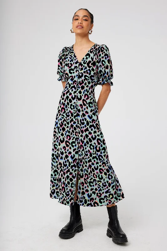 Pale Khaki with Rainbow Shadow Leopard Flute Sleeve Midi Tea Dress Floral Print girly Pale Khaki with Rainbow Shadow Leopard Flute Sleeve Midi Tea Dress Floral Print girly