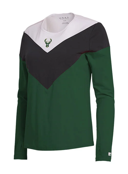 Women's Wear By Erin Andrews Chevron Milwaukee Bucks Long Sleeve T-Shirt-- Mesh Fabric Canvas Fabric Denim Fabric Women's Wear By Erin Andrews Chevron Milwaukee Bucks Long Sleeve T-Shirt-- Mesh Fabric Canvas Fabric Denim Fabric
