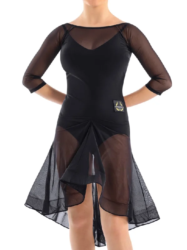 Victoria Blitz NAOMI Sheer Black Latin Practice Dress with Boat Neck, 3/4 Length Mesh Sleeves, and Gathered Detail in Front of Skirt PRA 733 in Stock Tunics Satin smooth Victoria Blitz NAOMI Sheer Black Latin Practice Dress with Boat Neck, 3/4 Length Mesh Sleeves, and Gathered Detail in Front of Skirt PRA 733 in Stock Tunics Satin smooth