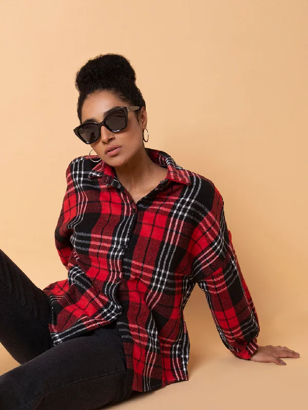 Women Checked Red Oversized Shirt-CHN-9188-Red-- Jersey Fabric Tulle Fabric Batik Fabric Women Checked Red Oversized Shirt-CHN-9188-Red-- Jersey Fabric Tulle Fabric Batik Fabric