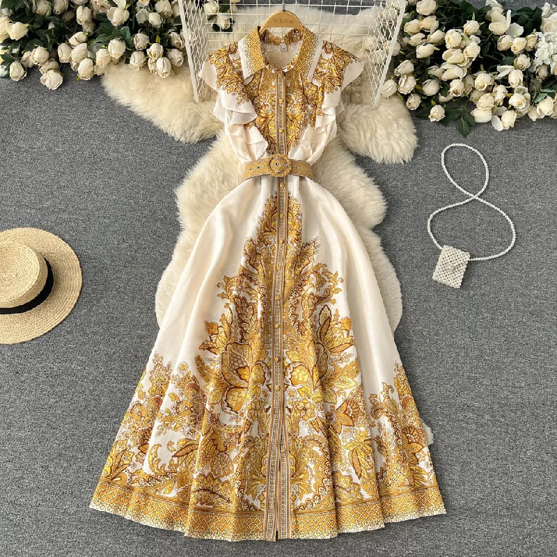 Summer new design ruffle retro lapel court style sleeveless printed waistband dress trend Casual Short Summer Summer new design ruffle retro lapel court style sleeveless printed waistband dress trend Casual Short Summer