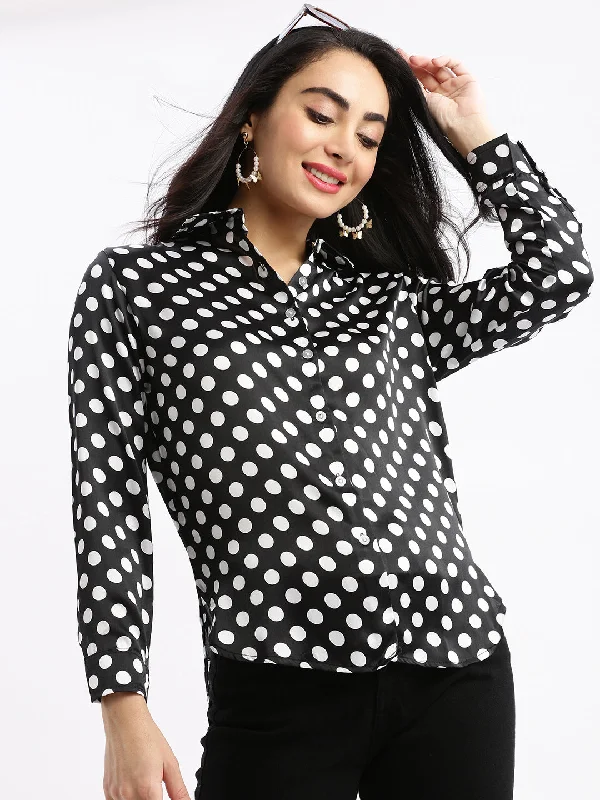 Women Polka Dots Black Slim Fit Shirt-AE-3373-Black-- Zippered Front Buttoned Front Snap Front Women Polka Dots Black Slim Fit Shirt-AE-3373-Black-- Zippered Front Buttoned Front Snap Front