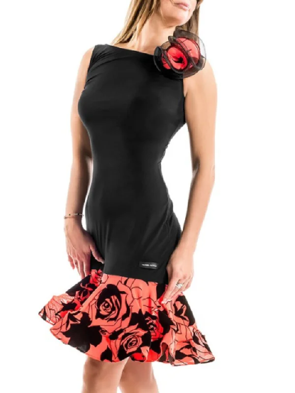 Victoria Blitz Sleeveless SISSI Black Latin Practice Dress with Ruffle Floral Hemline PRA 880 in Stock Boat Neckline Classic Victoria Blitz Sleeveless SISSI Black Latin Practice Dress with Ruffle Floral Hemline PRA 880 in Stock Boat Neckline Classic