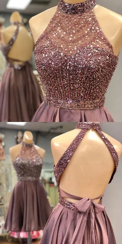 Halter Beaded Open Back Short Homecoming Dress 2024 Custom Made Casual Short Summer
