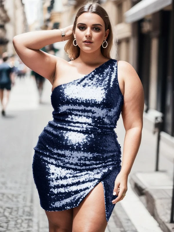 Plus Size Sparkly One Shoulder Sequin Bodycon Homecoming Dress Tunics Chic elegant
