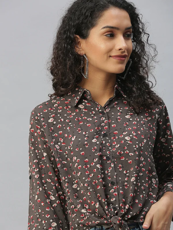 Women Collared Printed Brown Shirts-AE-3330118-Brown-- Chenille Brocade Lace