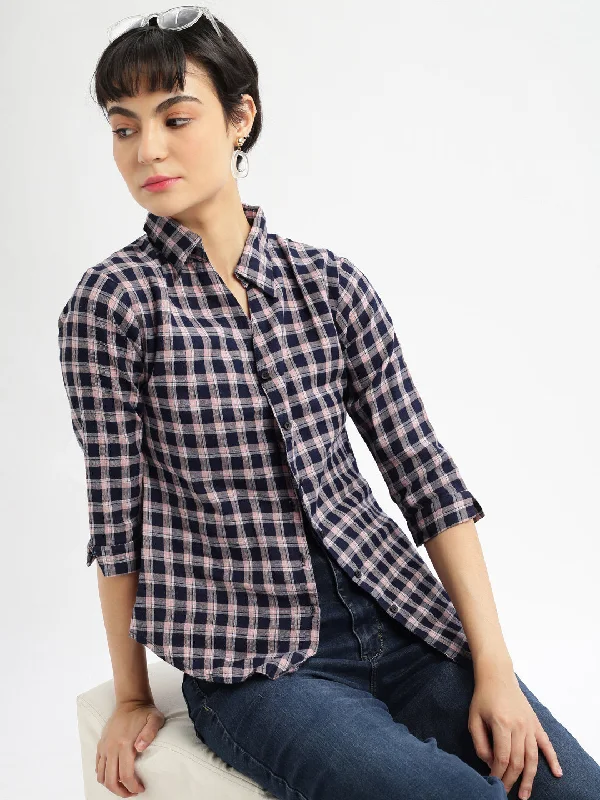 Women Checked Navy Blue Slim Fit Shirt-AE-3158-Navyblue-- Boxy Fit Fitted Loose