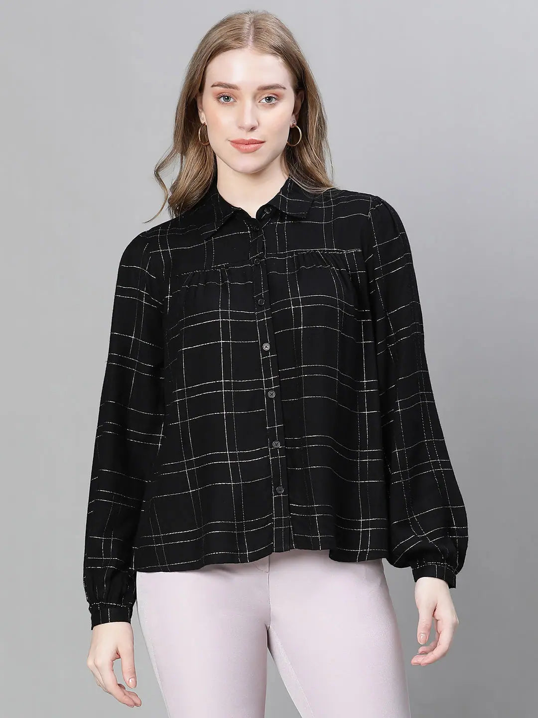 Women Black Check Print Collared Long Sleeve Buttoned Shirt-W23108WSH006_S-- V-Neck T-Shirt Long Sleeve Cotton Women Black Check Print Collared Long Sleeve Buttoned Shirt-W23108WSH006_S-- V-Neck T-Shirt Long Sleeve Cotton
