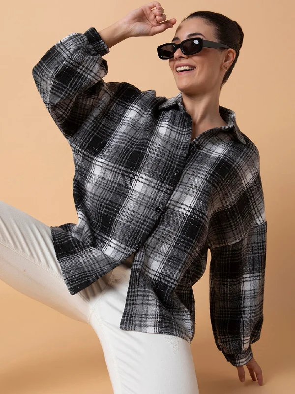 Women Checked Grey Oversized Shirt-CHN-9188-Grey-- Oversized T-Shirt Spandex breathable Women Checked Grey Oversized Shirt-CHN-9188-Grey-- Oversized T-Shirt Spandex breathable