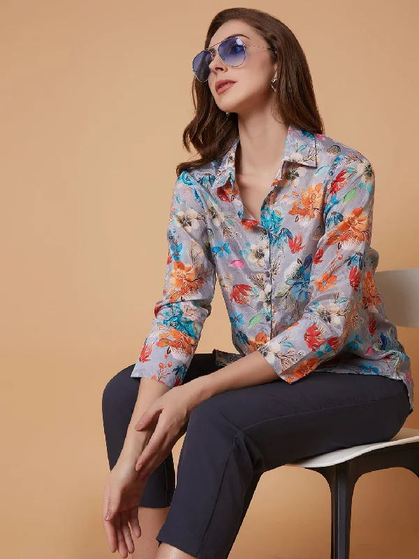 Women Floral Grey Shirt-ON-772-Grey-- Fitted T-Shirt Seamless Stretchy