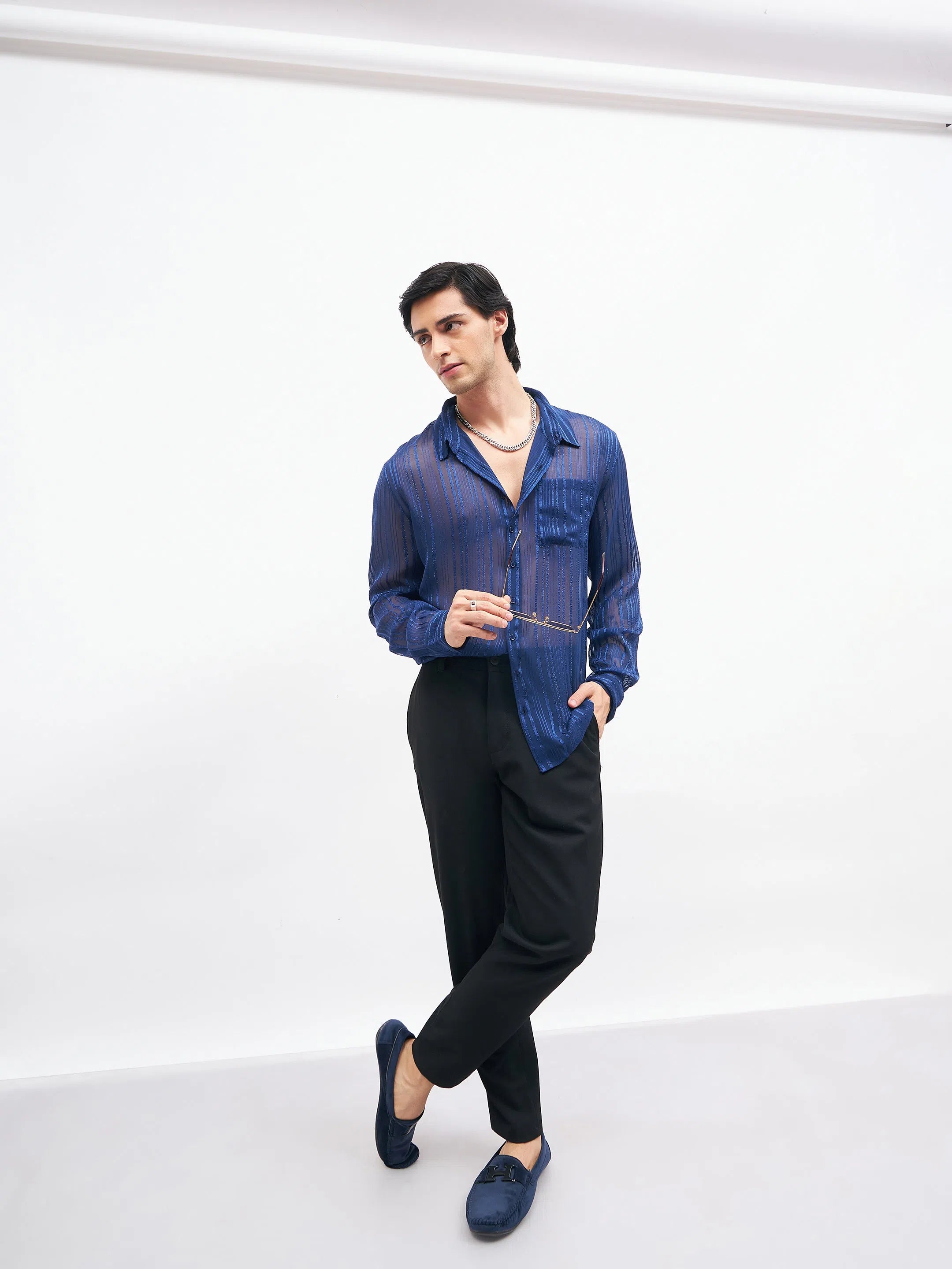Unisex Navy Lurex Party Shirt-- Rayon Fabric Velvet Fabric Corduroy Fabric