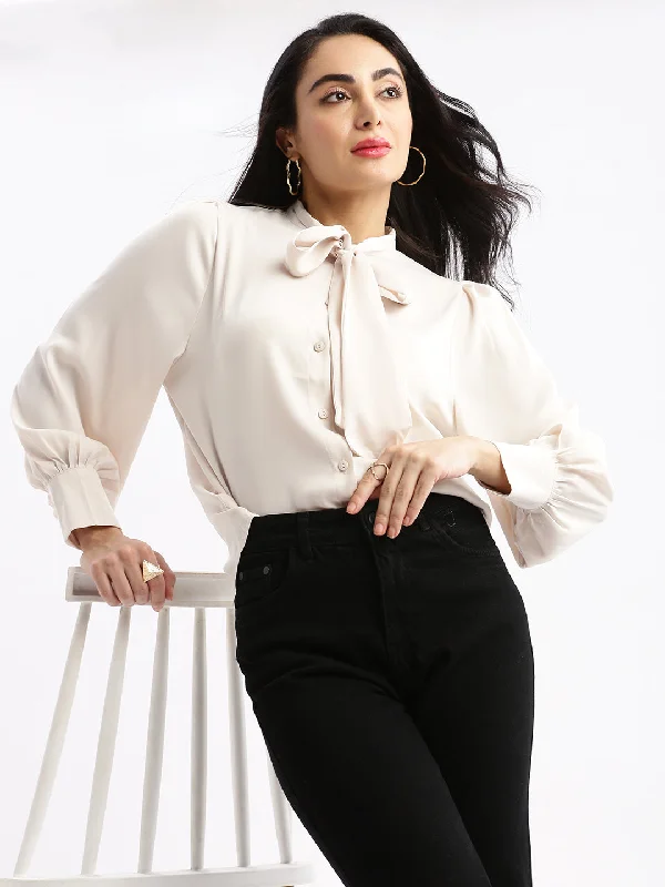 Women Solid Mandarin Collar Cream Shirt-6620-Cream-- Solid Print Embellished