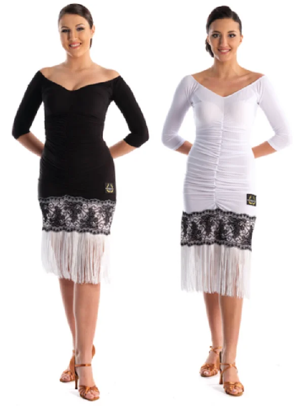 Victoria Blitz PRUE Black or White Ruched Latin Dress with Wide Neckline, 3/4 Sleeves, Flock Pattern, and Fringe Hemline PRA 741 in Stock Turtleneck Neckline Stylish Victoria Blitz PRUE Black or White Ruched Latin Dress with Wide Neckline, 3/4 Sleeves, Flock Pattern, and Fringe Hemline PRA 741 in Stock Turtleneck Neckline Stylish