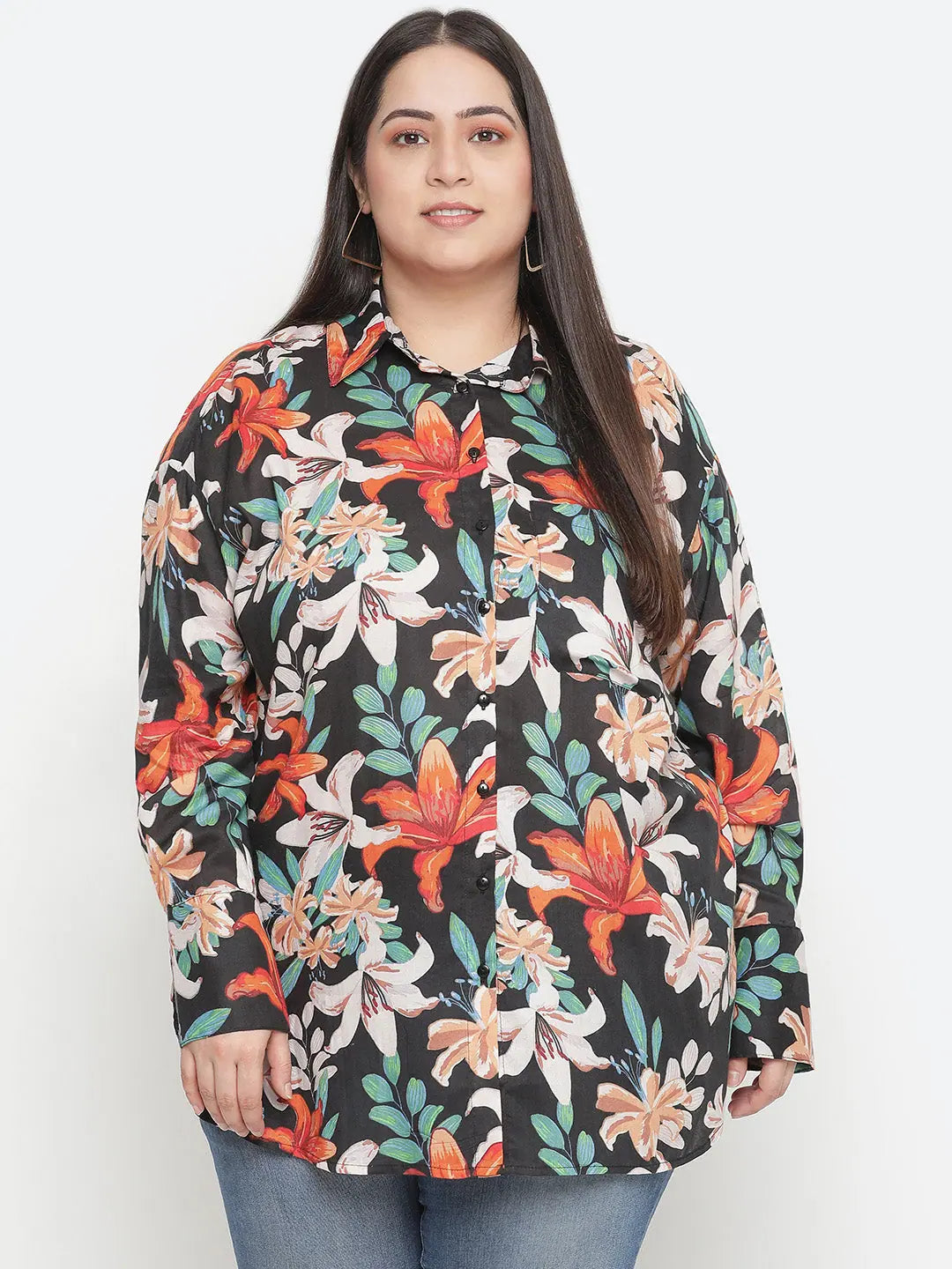 Scandle floral print plus size women shirt-- Solid Color Striped Floral