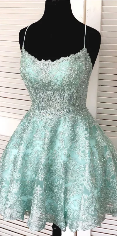 Auby Outfit Spaghetti-straps Mint Green Short Lace Backless Homecoming Dresses Tunics Velvet soft Auby Outfit Spaghetti-straps Mint Green Short Lace Backless Homecoming Dresses Tunics Velvet soft