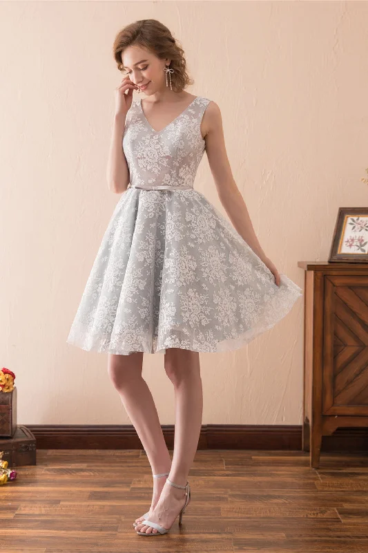 Lace V Neck Grey Short Homecoming Dresses with Ribbon Tunics Corduroy durable