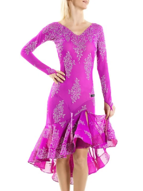 Victoria Blitz KIM Long Sleeve Latin Practice Dress with Shimmer Floral Pattern and Ruffle Skirt Available in Fuchsia or Blue PRA 892 in Stock A-Line Day Work Victoria Blitz KIM Long Sleeve Latin Practice Dress with Shimmer Floral Pattern and Ruffle Skirt Available in Fuchsia or Blue PRA 892 in Stock A-Line Day Work