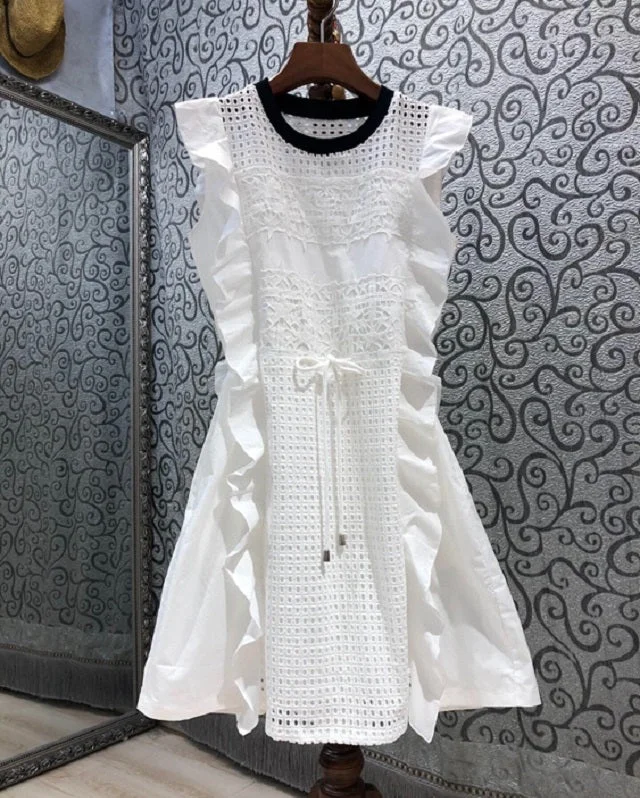 Hollow Out Embroidery Dress 2021 Summer Fashion Style Women Drawstring Waist Ruffle Elegant Sleeveless White Green Blue Dress Tunics Mesh breathable Hollow Out Embroidery Dress 2021 Summer Fashion Style Women Drawstring Waist Ruffle Elegant Sleeveless White Green Blue Dress Tunics Mesh breathable