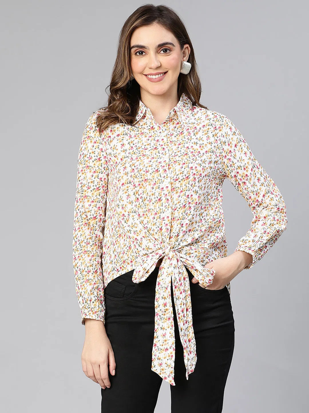 Boffo Floral Print Tie-Knot Women Cotton Shirt-- Solid Print Embellished