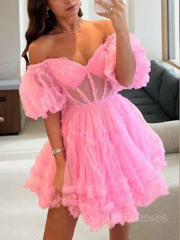 A-Line/Princess Off-the-Shoulder Corset Short/Mini Tulle Homecoming Dresses With Ruffles Tunics Ceremony elegant