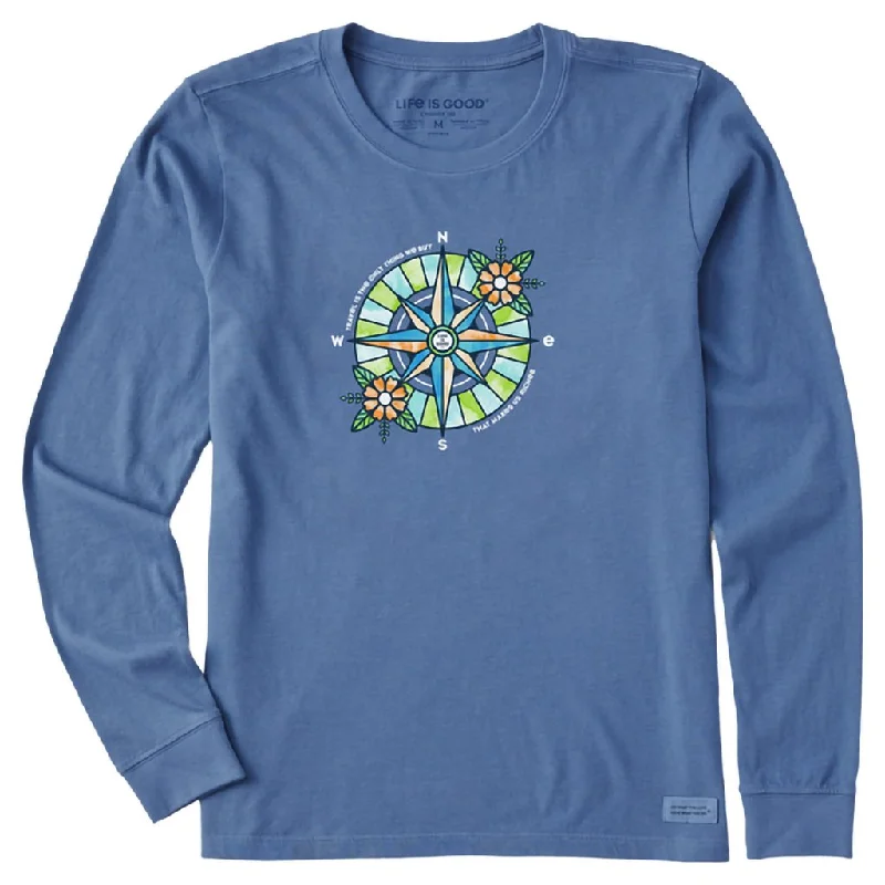 Life Is Good : Women's Washy Floral Compass Richer - Long Sleeve Crusher-LITE T-Shirt in Vintage Blue-- Cashmere Blend Cotton Blend Poly Blend Life Is Good : Women's Washy Floral Compass Richer - Long Sleeve Crusher-LITE T-Shirt in Vintage Blue-- Cashmere Blend Cotton Blend Poly Blend