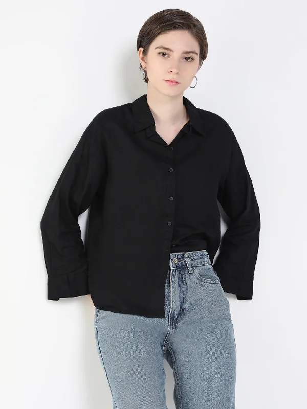 Women Solid Black Slim Fit Shirt-AE-3217-Black-- Front Pockets Side Pockets Patch Pockets Women Solid Black Slim Fit Shirt-AE-3217-Black-- Front Pockets Side Pockets Patch Pockets
