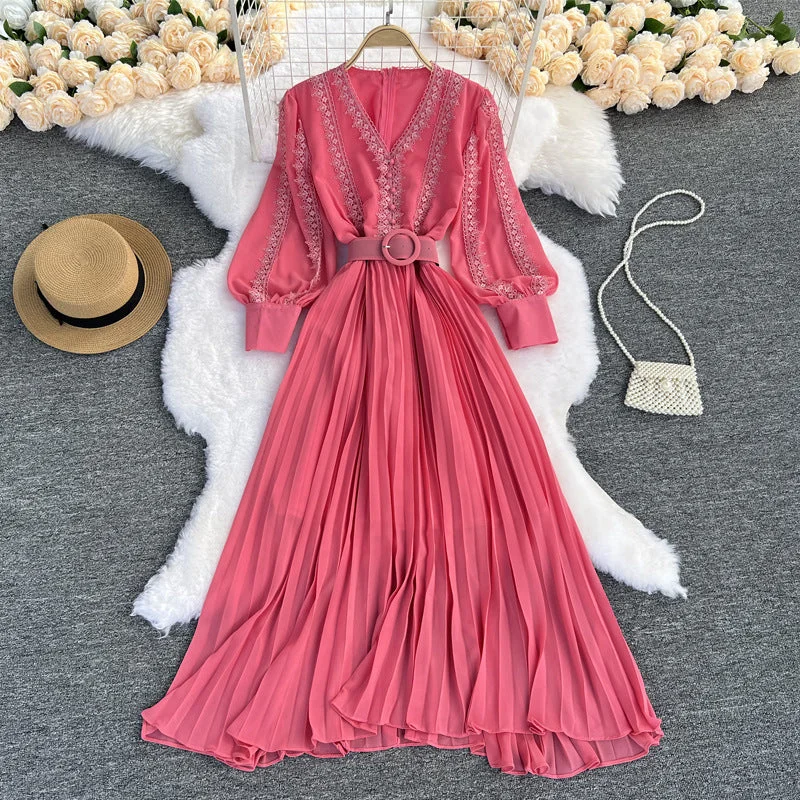 2023 New Arrival Spring Elegant V Neck Puff Sleeve Lace Patchwork Back Zipper Ruched Lower Hem Chiffon Dress For Women Tunics Sophisticated sleek 2023 New Arrival Spring Elegant V Neck Puff Sleeve Lace Patchwork Back Zipper Ruched Lower Hem Chiffon Dress For Women Tunics Sophisticated sleek