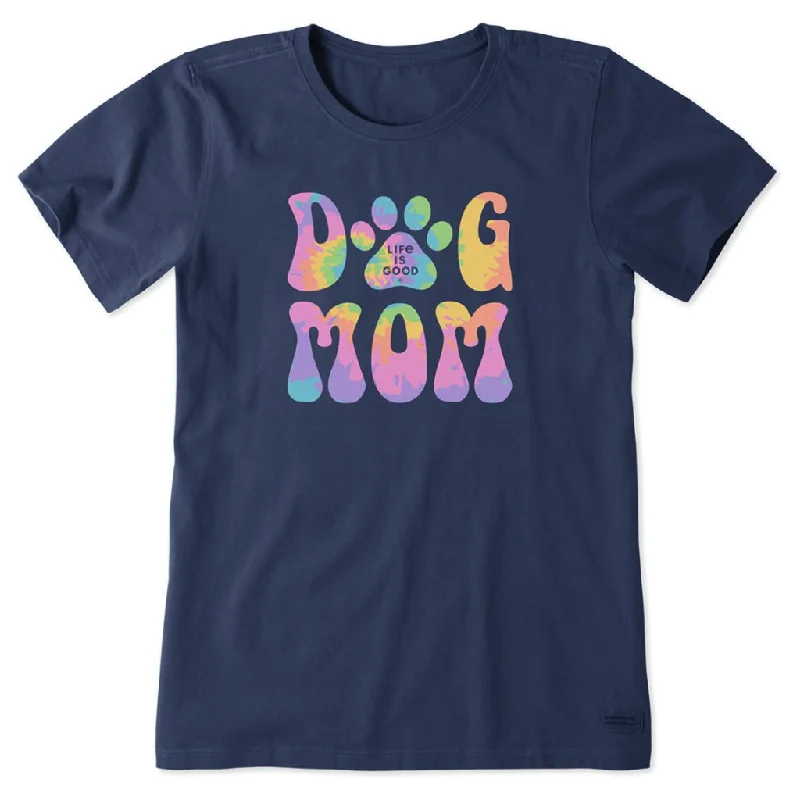 Life Is Good : Women's Groovy Tie Dye Dog Mom - Crusher T-Shirt in Darkest Blue-- Sequined Glittery Shiny Life Is Good : Women's Groovy Tie Dye Dog Mom - Crusher T-Shirt in Darkest Blue-- Sequined Glittery Shiny