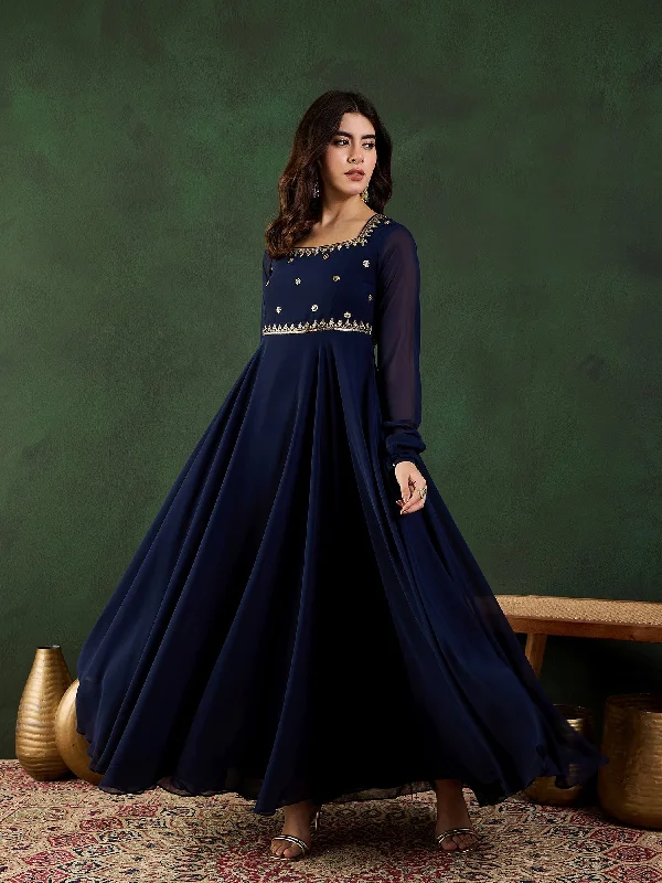 Women Floral Zari and Sequined Embroidered Fit - Flare Ethnic Dress Shift Classic Vintage