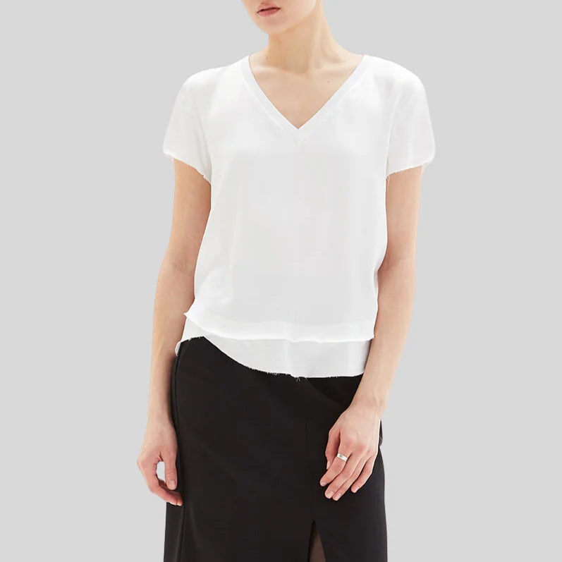 Satiny V-Neck Mock Layer T-Shirt - White-- Fashionable Trendy Casual