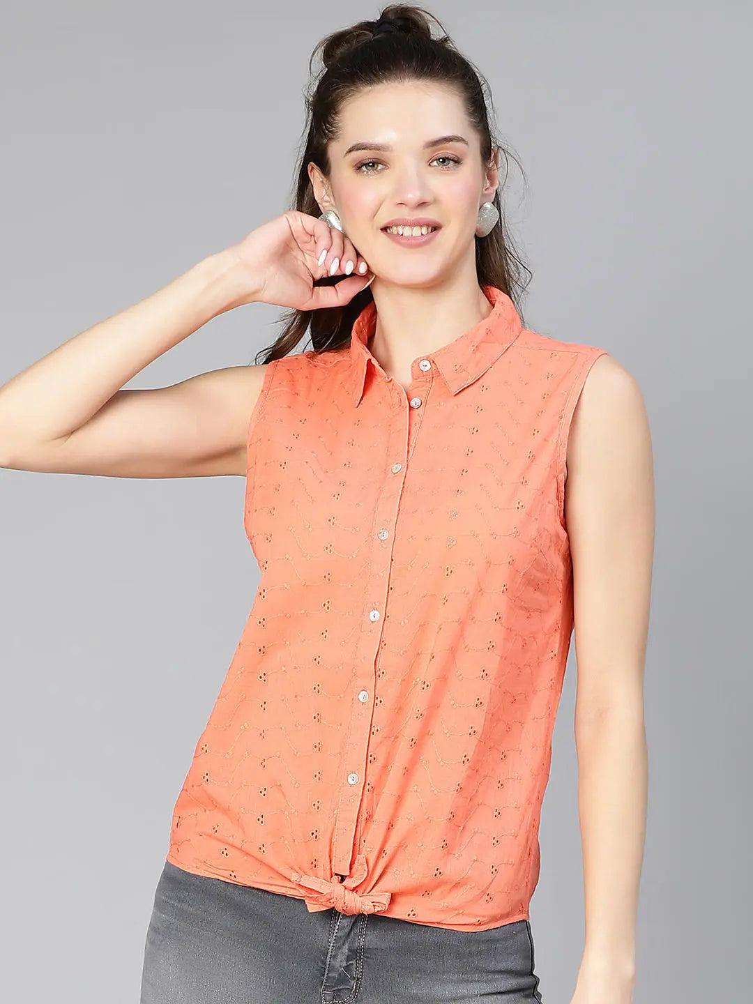 Reflected Orange Schiffli Tie -Knotted Women Cotton Shirt-- Chenille Blend Fleece Blend Nylon Blend Reflected Orange Schiffli Tie -Knotted Women Cotton Shirt-- Chenille Blend Fleece Blend Nylon Blend