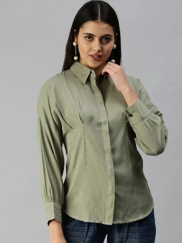 Women's Olive Solid Shirt-AE-10196-Olive-- Welt Pockets Slit Pockets Flap Pockets