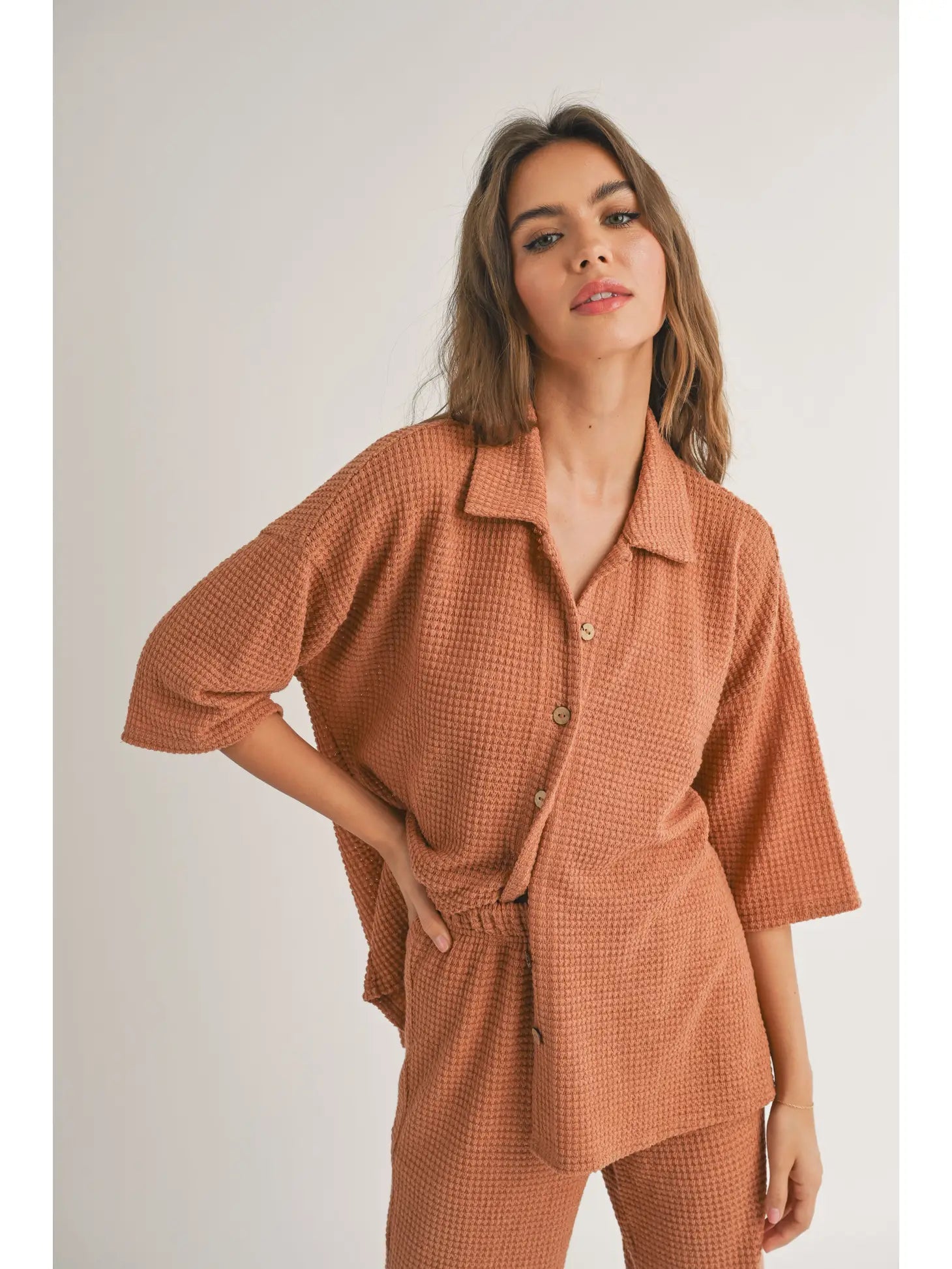 Waffled Fabric Buttondown Knitted Shirts-- Zippered Front Buttoned Front Snap Front