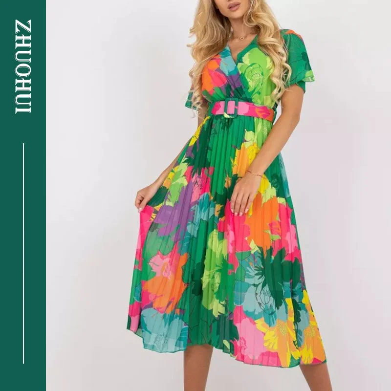 Summer Sweet V Neck Flare Sleeve Allover Pleated Swing Dress Women Elegant Ruched With Belt Holiday Dresses Ladies Tunics Sophisticated sleek Summer Sweet V Neck Flare Sleeve Allover Pleated Swing Dress Women Elegant Ruched With Belt Holiday Dresses Ladies Tunics Sophisticated sleek