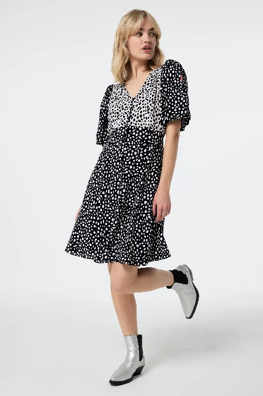 White with Black Mix Cheetah Puff Sleeve Short Tea Dress Off-the-shoulder Chic Trendy White with Black Mix Cheetah Puff Sleeve Short Tea Dress Off-the-shoulder Chic Trendy