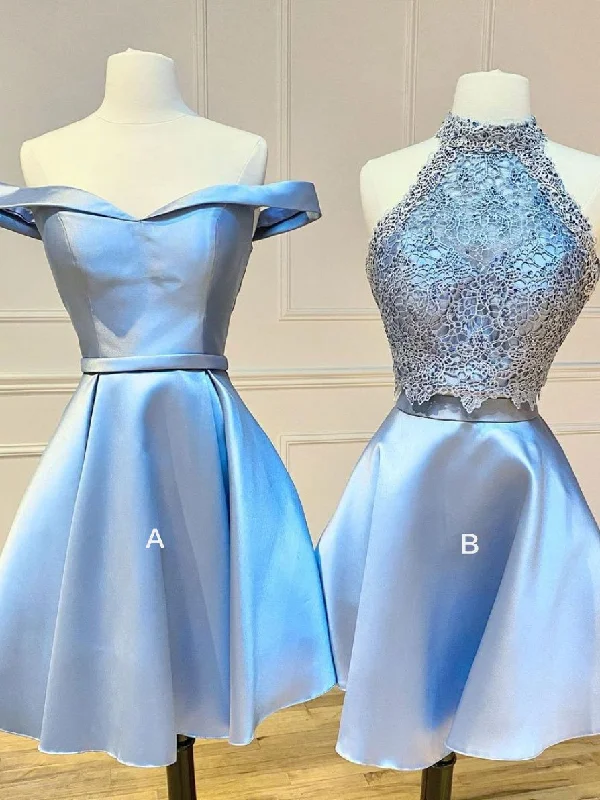 Blue lace satin short cocktail dress, blue homecoming dress Turtleneck Neckline Stylish Blue lace satin short cocktail dress, blue homecoming dress Turtleneck Neckline Stylish