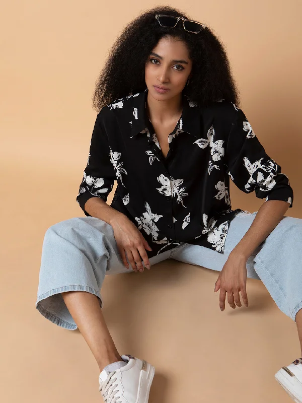 Women Floral Black Oversized Shirt-568-Black-- Satin Fabric Silk Fabric Chiffon Fabric Women Floral Black Oversized Shirt-568-Black-- Satin Fabric Silk Fabric Chiffon Fabric