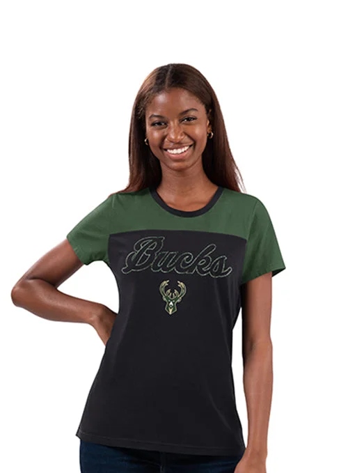 Women's G-III Cheer Glitter Milwaukee Bucks T-Shirt-- Silk Blend Satin Velvet